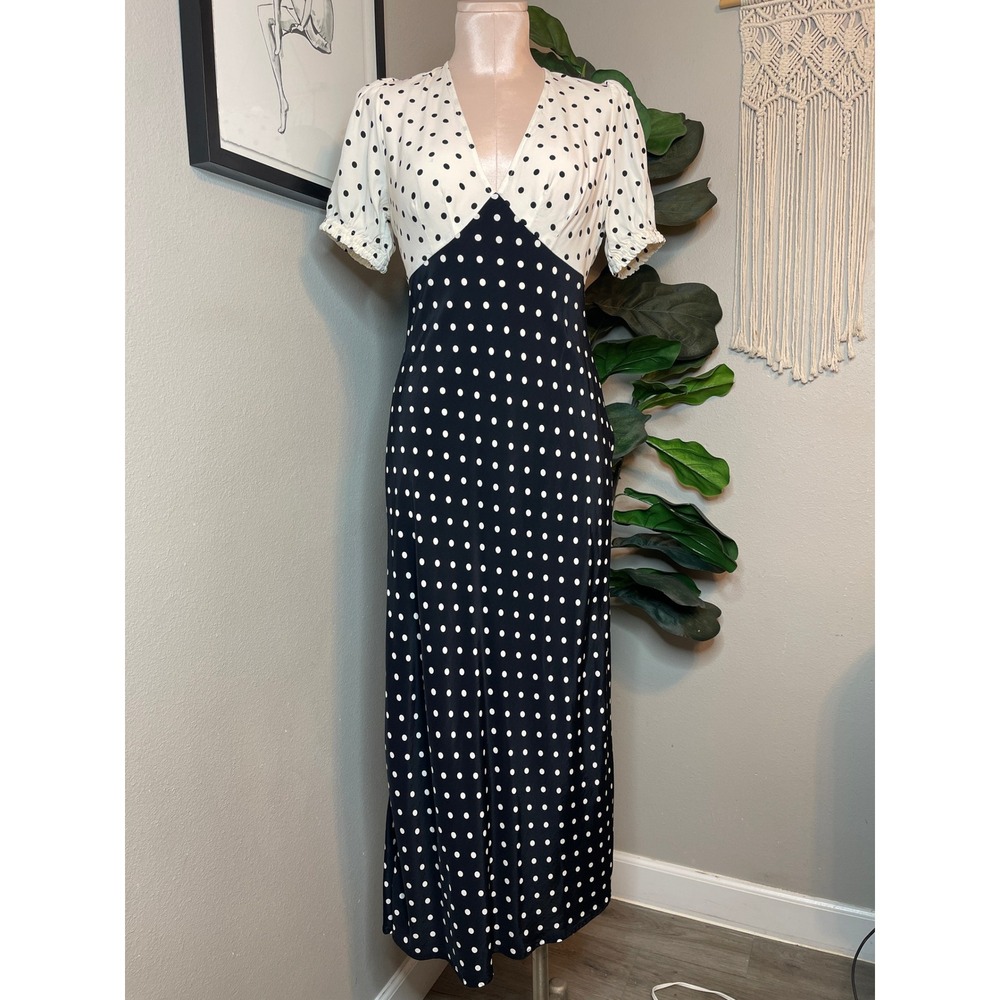 Maxi Dress Black White Polka Dot Puff Sleeve V-Neck XS